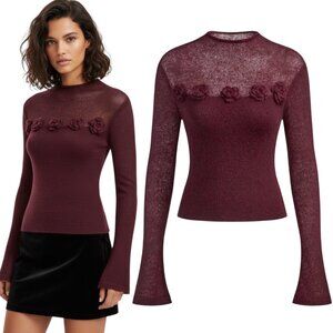 NWT Whimsigoth Y2K 3D Flower Soft Knit Top Sz M Burgundy Bell Sleeve Fitted Boho